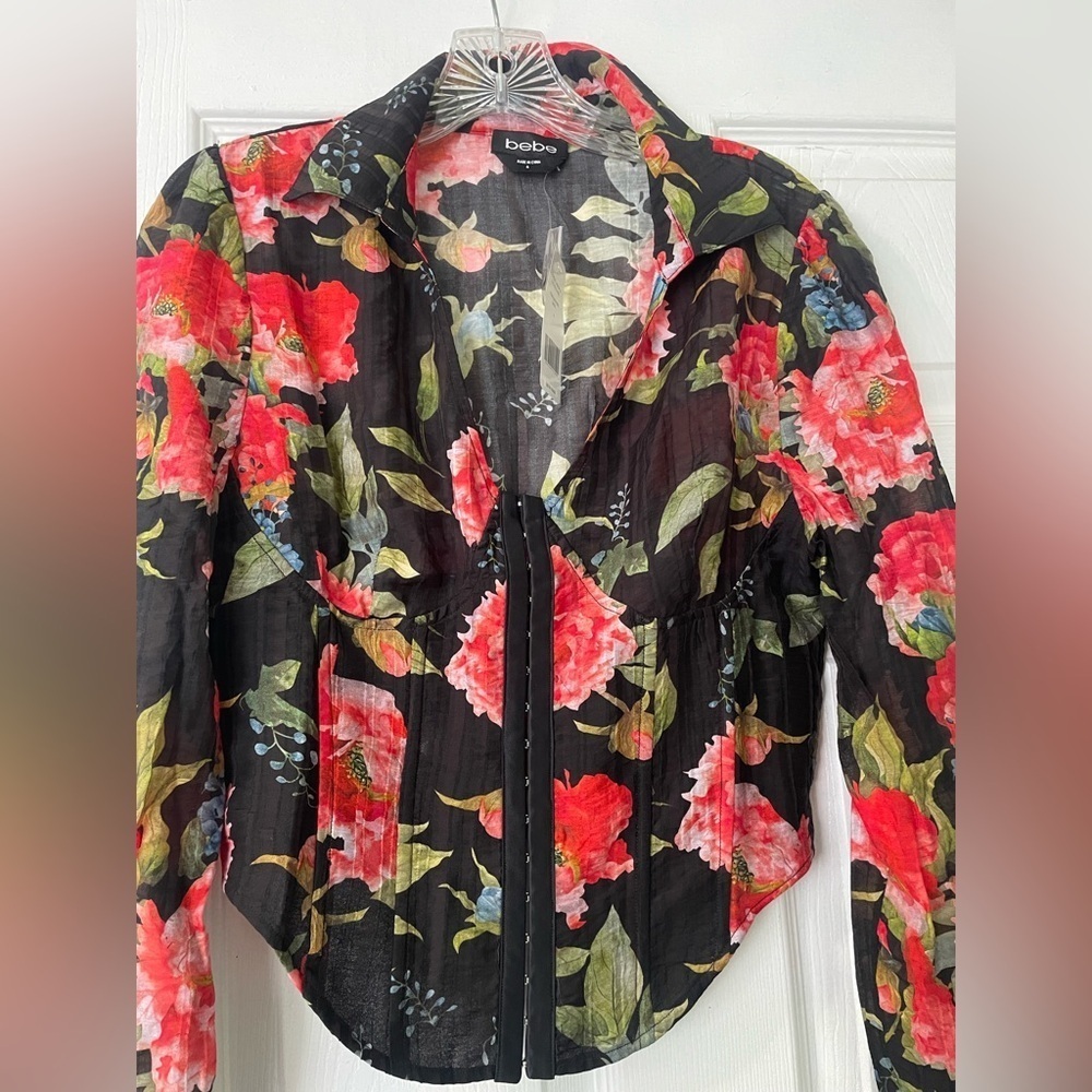 BEBE Sheer Flower Print Corset Blouse (NWT) - Picture 3 of 8